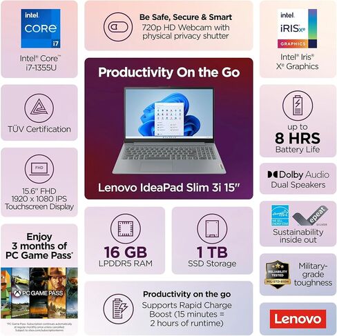 كمبيوتر محمول Lenovo IdeaPad 3i مقاس 15.6 بوصة بشاشة لمس FHD، Intel Core i7-1355U، ذاكرة الوصول العشوائي LPDDR5 سعة 16 جيجابايت، SSD 1 تيرابايت، رسومات Intel Iris Xe، لوحة مفاتيح بإضاءة خلفية، Wi-Fi 6، Win 11 Pro، ترخيص Microsoft Office 2024 مجاني مدى الح in Kuwait