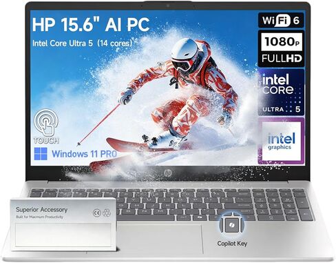 كمبيوتر محمول HP 15 بشاشة تعمل باللمس، Intel Core Ultra 5 (14-Core، Beat i7-1355U)، شاشة 15.6 بوصة FHD IPS تعمل باللمس Business Laptop AI PC، 32GB DDR5 2TB SSD | Windows 11 Pro، USB-C(DisplayPort)، HDMI، 10 مفاتيح in Kuwait
