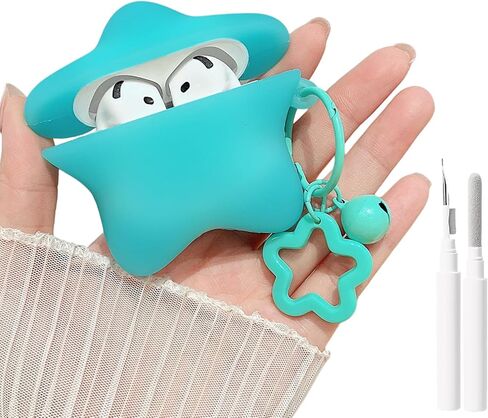 MINSCOSE لحافظة AirPods الجيل الرابع، تصميم نمط نجمة ثلاثية الأبعاد لطيف ومضيئ مع سلسلة مفاتيح Kawaii Star، غطاء سماعات أذن واقي من السيليكون الناعم مع مجموعة أدوات تنظيف للفتيات والنساء - أزرق in Kuwait