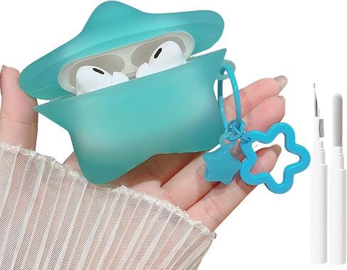 MINSCOSE لحافظة AirPods الجيل الرابع، تصميم نمط نجمة ثلاثية الأبعاد لطيف ومضيئ مع سلسلة مفاتيح Kawaii Star، غطاء سماعات أذن واقي من السيليكون الناعم مع مجموعة أدوات تنظيف للفتيات والنساء - أزرق in Kuwait