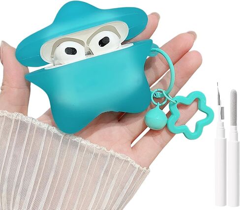 MINSCOSE لحافظة AirPods الجيل الرابع، تصميم نمط نجمة ثلاثية الأبعاد لطيف ومضيئ مع سلسلة مفاتيح Kawaii Star، غطاء سماعات أذن واقي من السيليكون الناعم مع مجموعة أدوات تنظيف للفتيات والنساء - أزرق in Kuwait