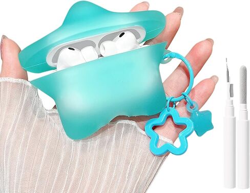 MINSCOSE لحافظة AirPods الجيل الرابع، تصميم نمط نجمة ثلاثية الأبعاد لطيف ومضيئ مع سلسلة مفاتيح Kawaii Star، غطاء سماعات أذن واقي من السيليكون الناعم مع مجموعة أدوات تنظيف للفتيات والنساء - أزرق in Kuwait