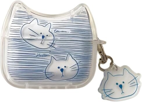 Men Women Super Cute Funny Blue Stripe Transparent Clear Earphone Case for AirPods 4, Lovely Cat Face Soft TPU Silicone Case, Earbuds Kitty Ear Cover Protective Skin Protector+Cat Keychain in Kuwait