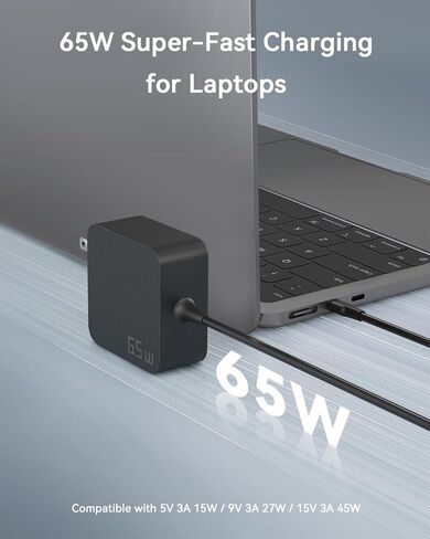شاحن كمبيوتر محمول AKELON 65W USB C لجهاز Lenovo Thinkpad Yoga HP Elitebook Spectre Dell Latitude MacBook Pro ASUS Chromebook Samsung 20V 3.25A Type C PD محول طاقة سريع للحائط in Kuwait