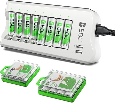 EBL AA AAA Battery Charger, 8 AA 2300mAh & 8 AAA 1100mAh NiMH, 2 USB Ports | 8-Bay AA AAA Individual Dual USB ports charge your phone while AA & AAA batteries power remotes, cameras, flashlights, toys in Kuwait