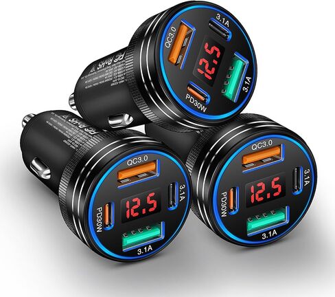 3Pack USB C Car Charger, 65W 4-Port Cigarette Lighter USB Charger with Voltage Display,12-24V Dual USB-C+USB-A Car Charger USB C Fast Charge Phone Accessories for iPhone 17 16 15 Pro Max Plus S25 S24 in Saudi Arabia