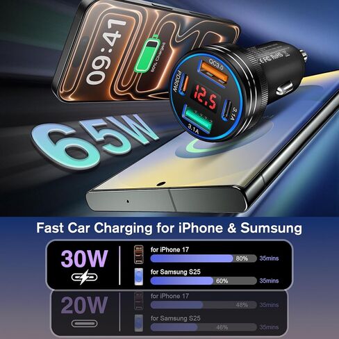 3Pack USB C Car Charger, 65W 4-Port Cigarette Lighter USB Charger with Voltage Display,12-24V Dual USB-C+USB-A Car Charger USB C Fast Charge Phone Accessories for iPhone 17 16 15 Pro Max Plus S25 S24 in Saudi Arabia