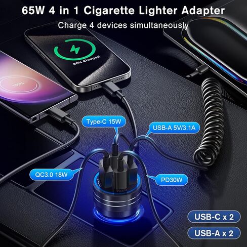 3Pack USB C Car Charger, 65W 4-Port Cigarette Lighter USB Charger with Voltage Display,12-24V Dual USB-C+USB-A Car Charger USB C Fast Charge Phone Accessories for iPhone 17 16 15 Pro Max Plus S25 S24 in Saudi Arabia