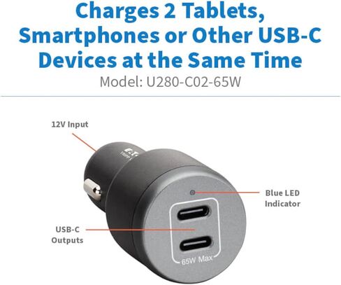 Eaton Tripp Lite Series 65W USB C شاحن سيارة ومحول ولاعة السجائر، 2 منافذ USB-C، توصيل الطاقة (PD) 3.1 وشحن PPS، شحن سريع لأجهزة iPhone وGalaxy وPixel والمزيد (U280-C02-65W) in Kuwait