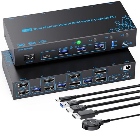 2 شاشات 4 أجهزة كمبيوتر KVM Switch كمبيوتر محمول وسطح المكتب 4 منافذ USB-C هجينة ومنفذ عرض مزدوج وDP HDMI ومحول HDMI مزدوج 4K@60 هرتز KVM مع محاكي EDID، يدعم شحن PD 100 وات in Kuwait