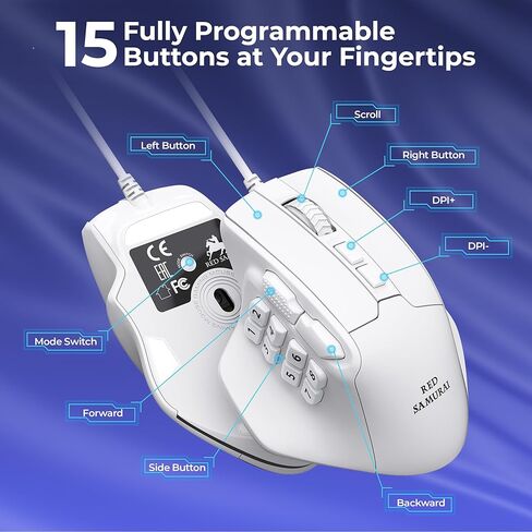 RED SAMURAI Wired Gaming Mouse, MMO Gaming Mouse 12400DPI, 15 Macro Programable Buttons, Ergonomic RGB Wired Mouse with 10 Side Buttons, Stable Grip, Compatible for MMO/FPS/MOBA in Kuwait
