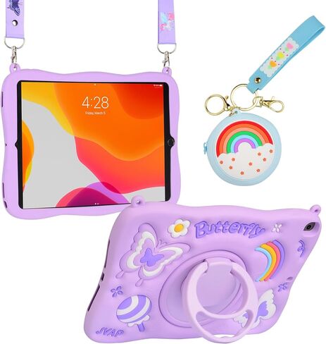 for iPad 9th/8th/7th Generation Case 10.2 Inch for Kids Girls, Shockproof Butterfly Cute iPad 10.2 Case Cover 2021/2020/2019 with Kickstand Shoulder Strap Wallet (Purple) in Kuwait