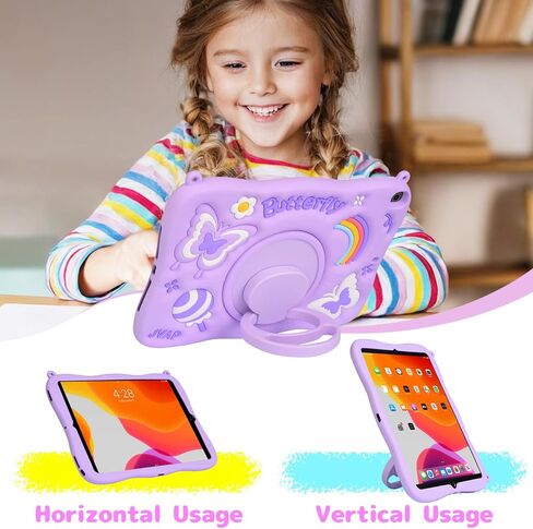 for iPad 9th/8th/7th Generation Case 10.2 Inch for Kids Girls, Shockproof Butterfly Cute iPad 10.2 Case Cover 2021/2020/2019 with Kickstand Shoulder Strap Wallet (Purple) in Kuwait