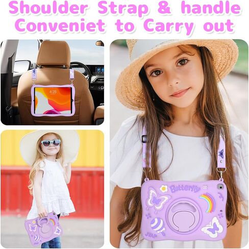for iPad 9th/8th/7th Generation Case 10.2 Inch for Kids Girls, Shockproof Butterfly Cute iPad 10.2 Case Cover 2021/2020/2019 with Kickstand Shoulder Strap Wallet (Purple) in Kuwait