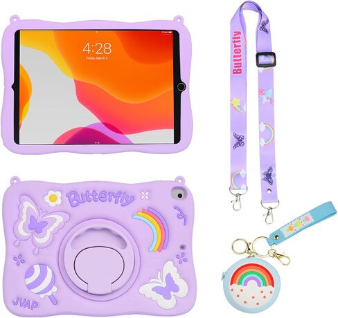 for iPad 9th/8th/7th Generation Case 10.2 Inch for Kids Girls, Shockproof Butterfly Cute iPad 10.2 Case Cover 2021/2020/2019 with Kickstand Shoulder Strap Wallet (Purple) in Kuwait
