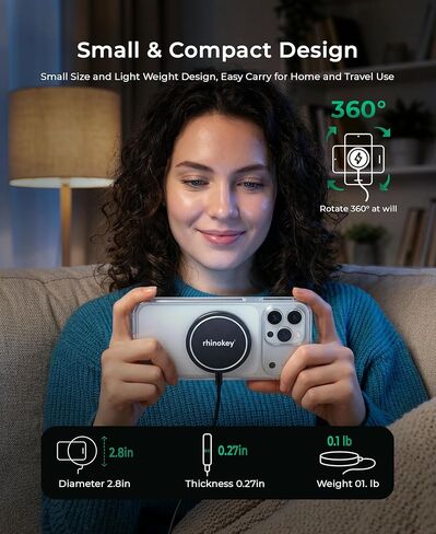 Rhinokey® 15W MagSafe Charger - Qi 1.3 Certified Magnetic Wireless Charger Pad, Slim Aluminum Alloy Fast Charging Pad for iPhone,Tracking Card Samsung, Pixel - Intelligent Safety & Metal Detection in Kuwait
