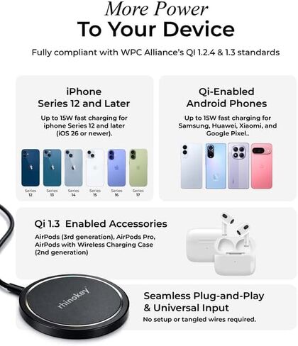 Rhinokey® 15W MagSafe Charger - Qi 1.3 Certified Magnetic Wireless Charger Pad, Slim Aluminum Alloy Fast Charging Pad for iPhone,Tracking Card Samsung, Pixel - Intelligent Safety & Metal Detection in Kuwait