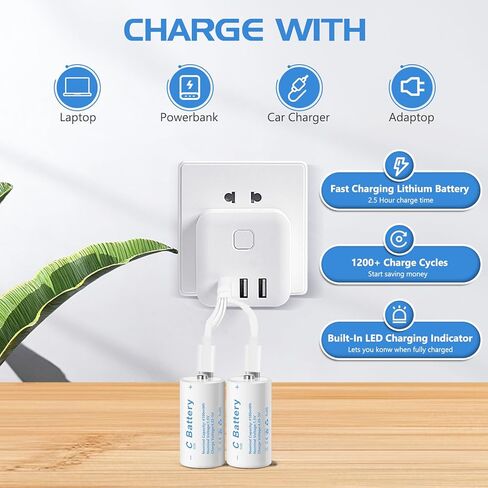 بطاريات C حجم C بطاريات ليثيوم قابلة للشحن، LR14 4100mWh 1.5V USB-C شحن للألعاب والأضواء الكاشفة (6 عبوات، بطارية C) in Kuwait