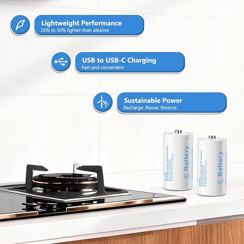بطاريات C حجم C بطاريات ليثيوم قابلة للشحن، LR14 4100mWh 1.5V USB-C شحن للألعاب والأضواء الكاشفة (6 عبوات، بطارية C) in Kuwait