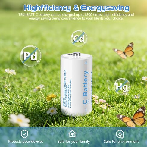 بطاريات C حجم C بطاريات ليثيوم قابلة للشحن، LR14 4100mWh 1.5V USB-C شحن للألعاب والأضواء الكاشفة (6 عبوات، بطارية C) in Kuwait