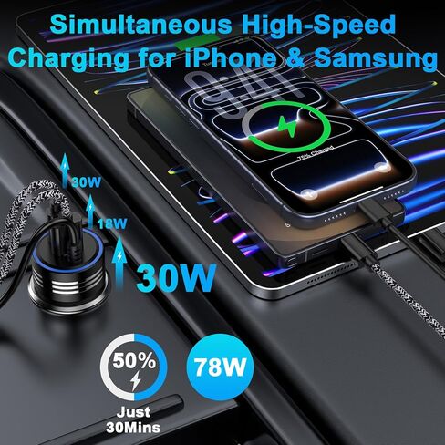 شاحن سيارة سامسونج 78 وات 3 منافذ USB C شحن سريع لهاتف Samsung Galaxy S26 Ultra S26 Plus S25 FE Edge S24 A57 A37 A17 A56 A36 A26 A16 A55 A25 A15، محول شاحن سيارة سريع + سلك شحن سريع من النوع C in Kuwait