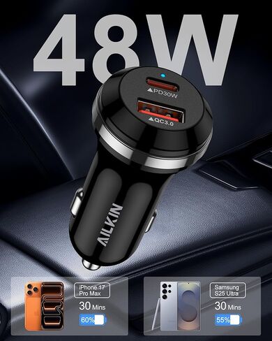 48W Fast Charge Car Charger USB C for iPhone 17e 17 Pro Max 17 Air 16e 16 Pro 15, Dual USB-C & USB-A Car Power Adapter PD/QC Fast Charging Cigarette Lighter Car Plug Charger for Galaxy S26Ultra Pixel in Kuwait