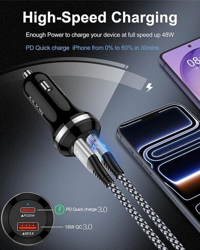 48W Fast Charge Car Charger USB C for iPhone 17e 17 Pro Max 17 Air 16e 16 Pro 15, Dual USB-C & USB-A Car Power Adapter PD/QC Fast Charging Cigarette Lighter Car Plug Charger for Galaxy S26Ultra Pixel in Kuwait