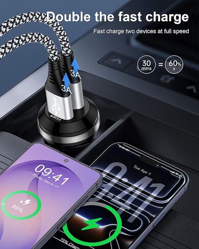 48W Fast Charge Car Charger USB C for iPhone 17e 17 Pro Max 17 Air 16e 16 Pro 15, Dual USB-C & USB-A Car Power Adapter PD/QC Fast Charging Cigarette Lighter Car Plug Charger for Galaxy S26Ultra Pixel in Kuwait