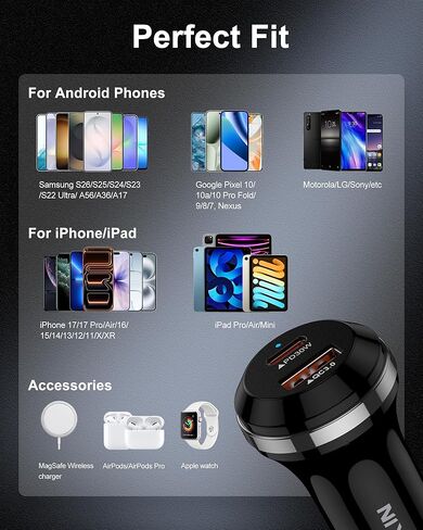 48W Fast Charge Car Charger USB C for iPhone 17e 17 Pro Max 17 Air 16e 16 Pro 15, Dual USB-C & USB-A Car Power Adapter PD/QC Fast Charging Cigarette Lighter Car Plug Charger for Galaxy S26Ultra Pixel in Kuwait