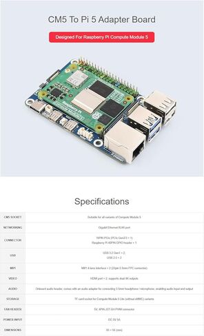 لوحة محول CM5 إلى Pi5، متوافقة مع Raspberry Pi 5، دعم CM5 Lite/eMMC، رأس الصوت المدمج ورقاقة صوت USB، 40PIN GPIO، حل توسيع واجهة Pi 5 البديل in Kuwait