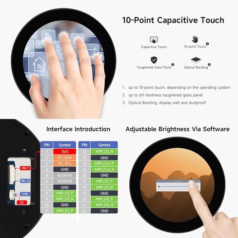 شاشة Waveshare 3.4 بوصة DSI مستديرة تعمل باللمس بالسعة، دقة 800 × 800، لوحة عرض IPS، لمس 10 نقاط in Kuwait