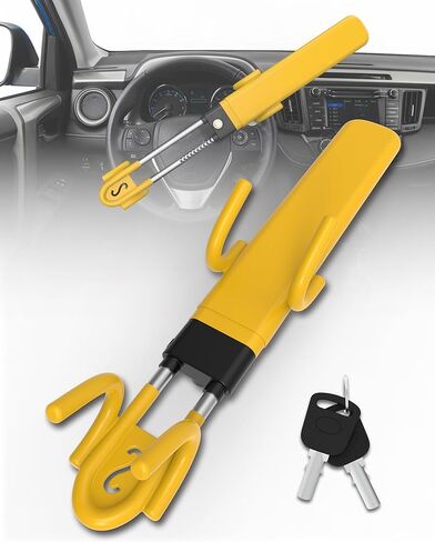 RETRUE Steering Wheel Lock – Heavy Duty Anti-Theft Car Lock with Dual Hook Adjustable Bar, High-Visibility Yellow Rubber Coating with Reinforced Steel, Fits 6–11 in Steering Wheels (Yellow) in Kuwait