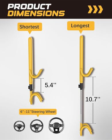 RETRUE Steering Wheel Lock – Heavy Duty Anti-Theft Car Lock with Dual Hook Adjustable Bar, High-Visibility Yellow Rubber Coating with Reinforced Steel, Fits 6–11 in Steering Wheels (Yellow) in Kuwait
