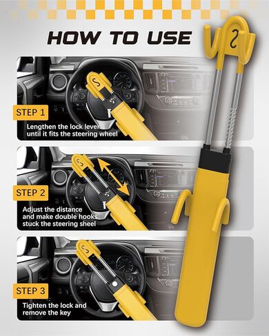 RETRUE Steering Wheel Lock – Heavy Duty Anti-Theft Car Lock with Dual Hook Adjustable Bar, High-Visibility Yellow Rubber Coating with Reinforced Steel, Fits 6–11 in Steering Wheels (Yellow) in Kuwait