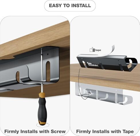 Under Desk Cable Management Tray, 2 Pack 16 Inch Black Metal Cord Organizer, No Drill Adhesive or Screw Mount for Glass/Marble/Office/Gaming Desk, Black in Kuwait