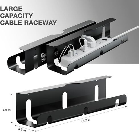 Under Desk Cable Management Tray, 2 Pack 16 Inch Black Metal Cord Organizer, No Drill Adhesive or Screw Mount for Glass/Marble/Office/Gaming Desk, Black in Kuwait