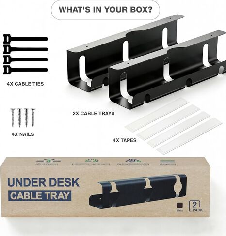 Under Desk Cable Management Tray, 2 Pack 16 Inch Black Metal Cord Organizer, No Drill Adhesive or Screw Mount for Glass/Marble/Office/Gaming Desk, Black in Kuwait