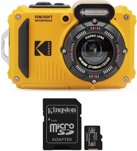 كاميرا رقمية Kodak PIXPRO WPZ2 متينة مقاومة للماء بدقة 16 ميجابكسل مع تكبير بصري 4X وبطاقة Kodak microSDHC سعة 32 جيجابايت مع حزمة محول (عنصران) أصفر in Kuwait