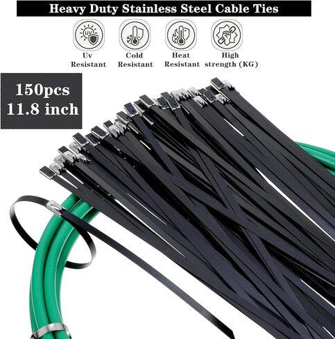 Professional Metal Zip Tie Tool Kit with 150 Stainless Steel Zip Ties - 11.8 Inch Heavy-Duty Metal Cable Ties & Fastening/Cutting Cable Tie Plier for Fence, Pipe, Exhaust, Vehicle & Outdoor Use in Kuwait
