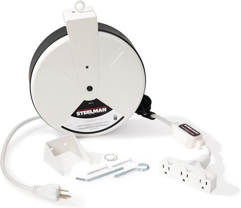 Steelman Retractable Extension Cord Reel, 30-Ft Heavy Duty SJTW Power Cord, 3 Outlet Triple Tap, Easy Access 10-Amp Inline Circuit Breaker, Durable Metal Housing (98479) in Kuwait