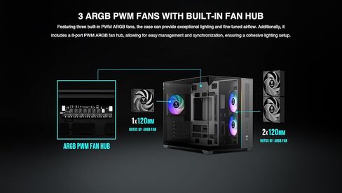 GAMDIAS Gaming Case Atlas M3M Three-Sided Tempered Glass, Built-in 3X 120mm ARGB PWM Case Fans, 400mm GPU/VGA, 360mm AIO/Radiator in Kuwait