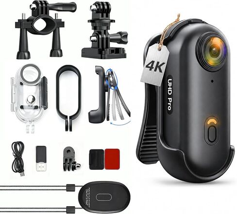 JETO 4K Mini Motorcycle Camera, POV Body Cam with Stabilization, Magnetic Clip-On, WiFi Live View, Waterproof Case, Bike Helmet Mount for Cycling Travel Vlog (32GB/64GB Card Included) (64G, STANARD) in Kuwait