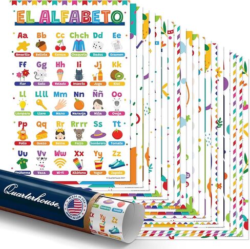 Quarterhouse Extreme Value 20 Large English-Spanish Poster Set, Spanish Classroom Learning Materials for K-12 Students and Teachers, Double-Sided, Set of 20, 12 x 18 Inches, Extra Durable in Saudi Arabia