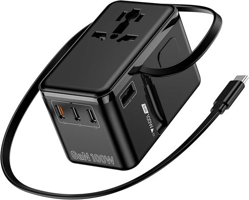 محول السفر العالمي GaN بقدرة 100 واط - شاحن حائط محول قابس دولي 6 في 1 لأكثر من 200 دولة، كابل USB-C مدمج متعدد المنافذ للشحن السريع في جميع أنحاء العالم - الولايات المتحدة/الاتحاد الأوروبي/المملكة المتحدة/أستراليا in Kuwait