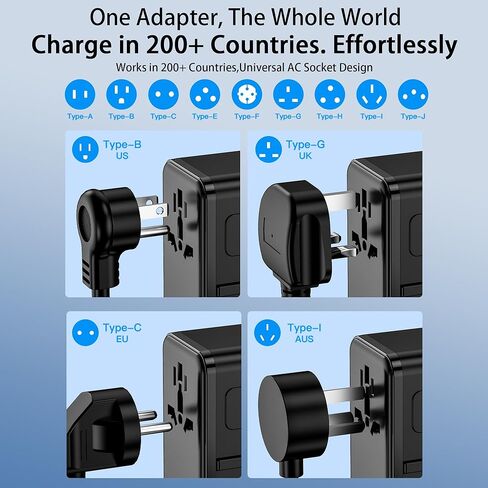 محول السفر العالمي GaN بقدرة 100 واط - شاحن حائط محول قابس دولي 6 في 1 لأكثر من 200 دولة، كابل USB-C مدمج متعدد المنافذ للشحن السريع في جميع أنحاء العالم - الولايات المتحدة/الاتحاد الأوروبي/المملكة المتحدة/أستراليا in Kuwait