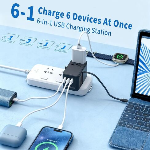محول السفر العالمي GaN بقدرة 100 واط - شاحن حائط محول قابس دولي 6 في 1 لأكثر من 200 دولة، كابل USB-C مدمج متعدد المنافذ للشحن السريع في جميع أنحاء العالم - الولايات المتحدة/الاتحاد الأوروبي/المملكة المتحدة/أستراليا in Kuwait