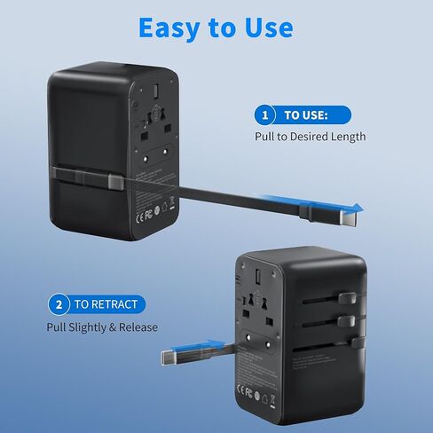 محول السفر العالمي GaN بقدرة 100 واط - شاحن حائط محول قابس دولي 6 في 1 لأكثر من 200 دولة، كابل USB-C مدمج متعدد المنافذ للشحن السريع في جميع أنحاء العالم - الولايات المتحدة/الاتحاد الأوروبي/المملكة المتحدة/أستراليا in Kuwait