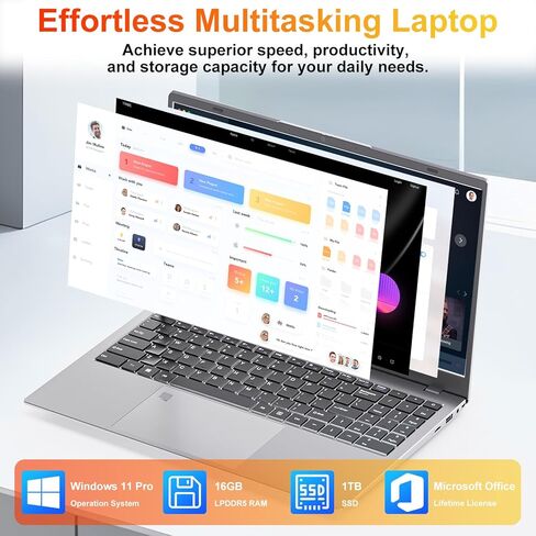 كمبيوتر محمول GINA 15 مقاس 15.6 بوصة FHD، Windows 11 Pro للطلاب، Intel Quad-Core N100، ذاكرة الوصول العشوائي DDR5 سعة 16 جيجابايت، 1 تيرابايت SSD، مكتب MS مجاني، بصمة الإصبع، لوحة مفاتيح رقمية، النوع C، HDMI، USB 3.2، ضمان لمدة عامين in Kuwait