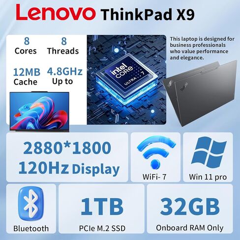 Lenovo ThinkPad X9 Aura Edition Business AI Laptop, Intel Core Ultra 7 258V, 15.3" 2.8K OLED Touchscreen, 120Hz, Arc 140V Graphics, 32GB RAM, 1TB SSD, Copilot+ PC, Fingerprint, HDMI, Windows 11 Pro in Kuwait