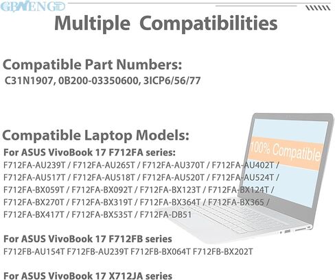 C31N1907 استبدال البطارية لسلسلة ASUS VivoBook 17 F712FA F712FA-AU239T F712FB X712JA 0B200-03350600 3ICP6/56/77 11.49V 47Wh 4165mAh in Kuwait